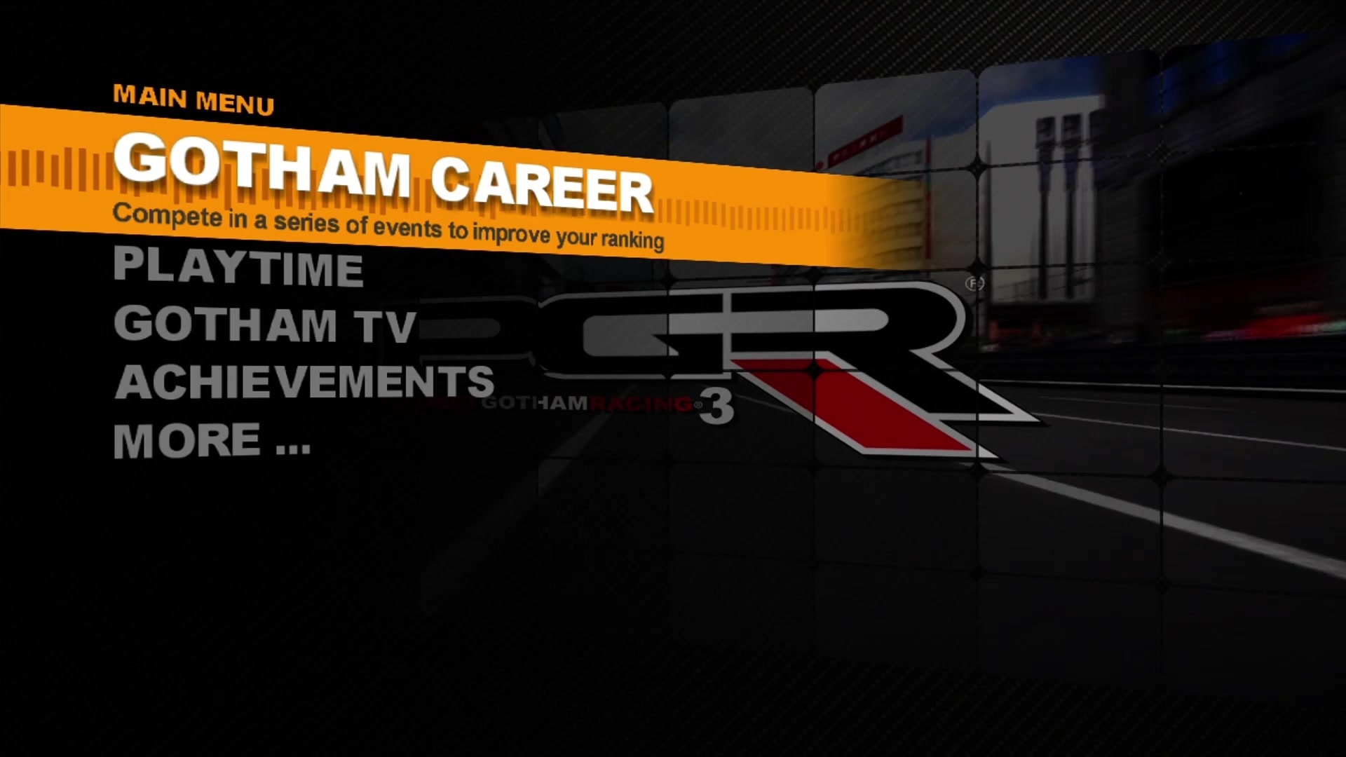 Project Gotham Racing 3 title screen for Xbox 360